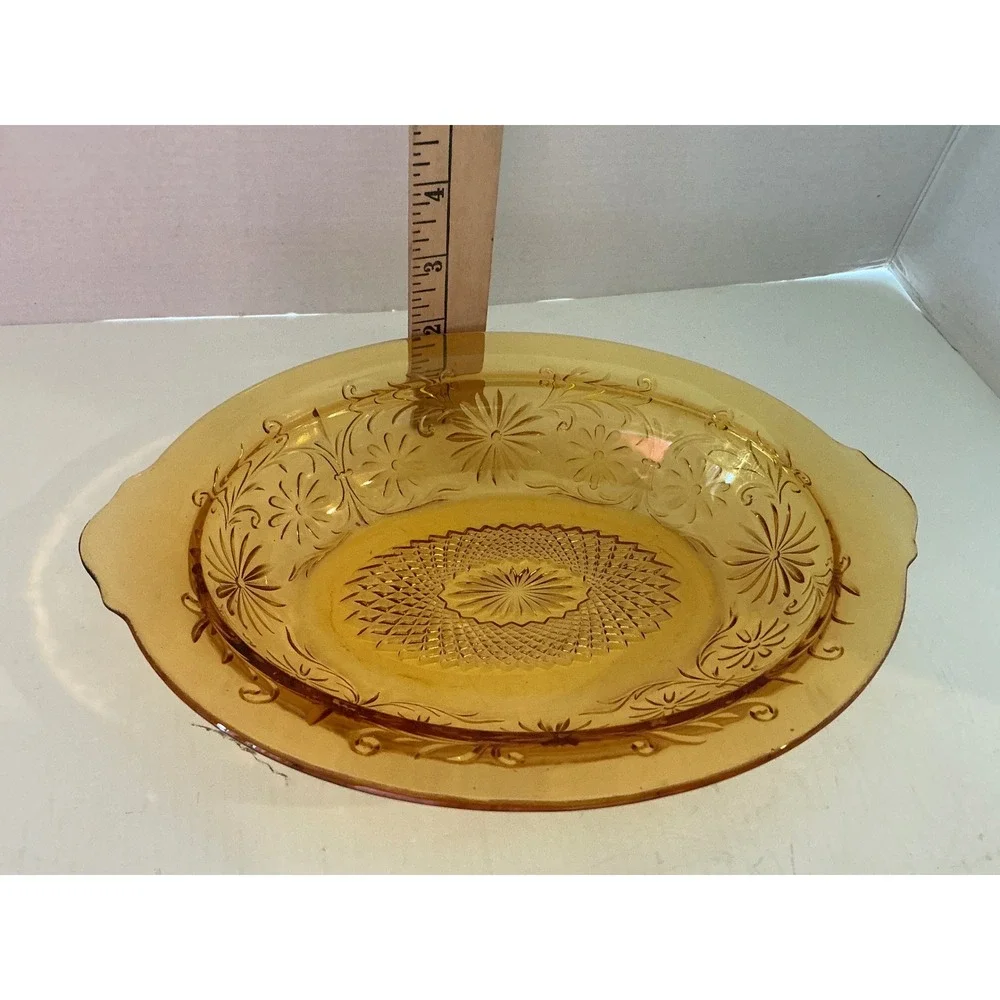 Tiara Vintage Amber  Glass Oval Serving Bowl Floral Pattern Sunburst Gold